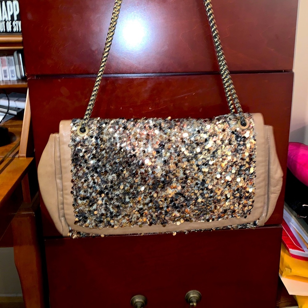 Elie Tahari dark gold sequin taupe leather bag